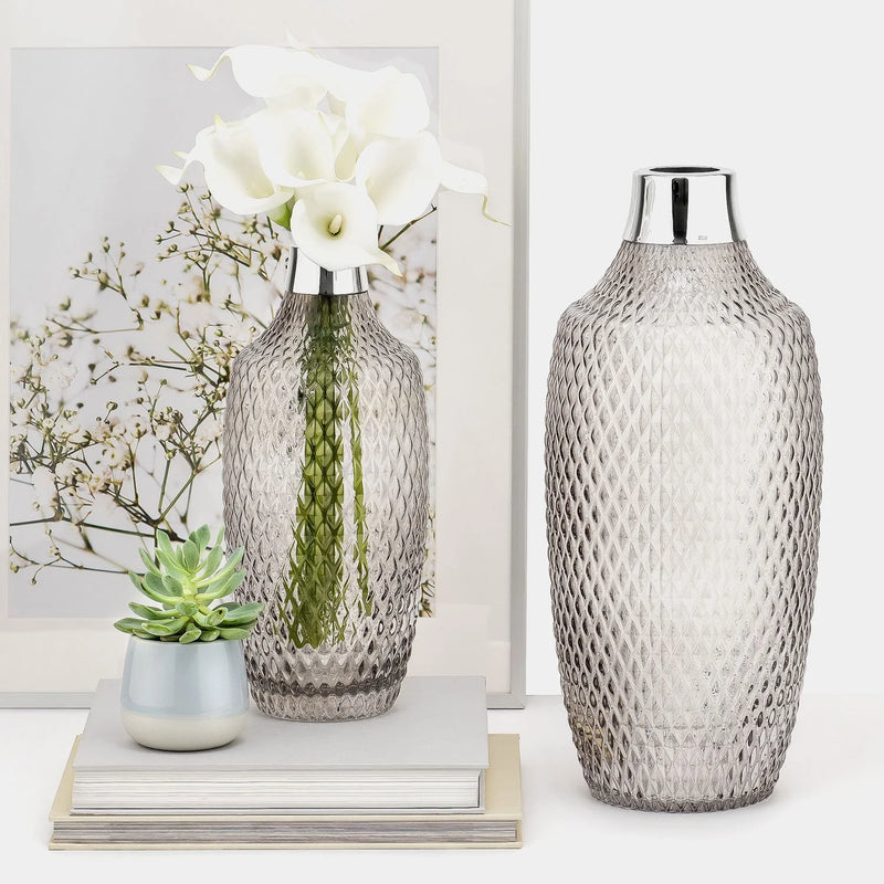 Grey Glass Vase GREIA, With Silver Plated Decoration and Diamond cut-ANTORINI®